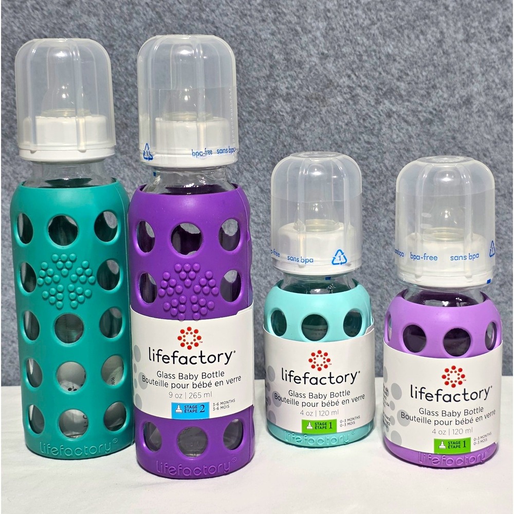 Lifefactory Glass Baby Bottle Set 4pc 9oz 4oz Purple Green BPA-Free